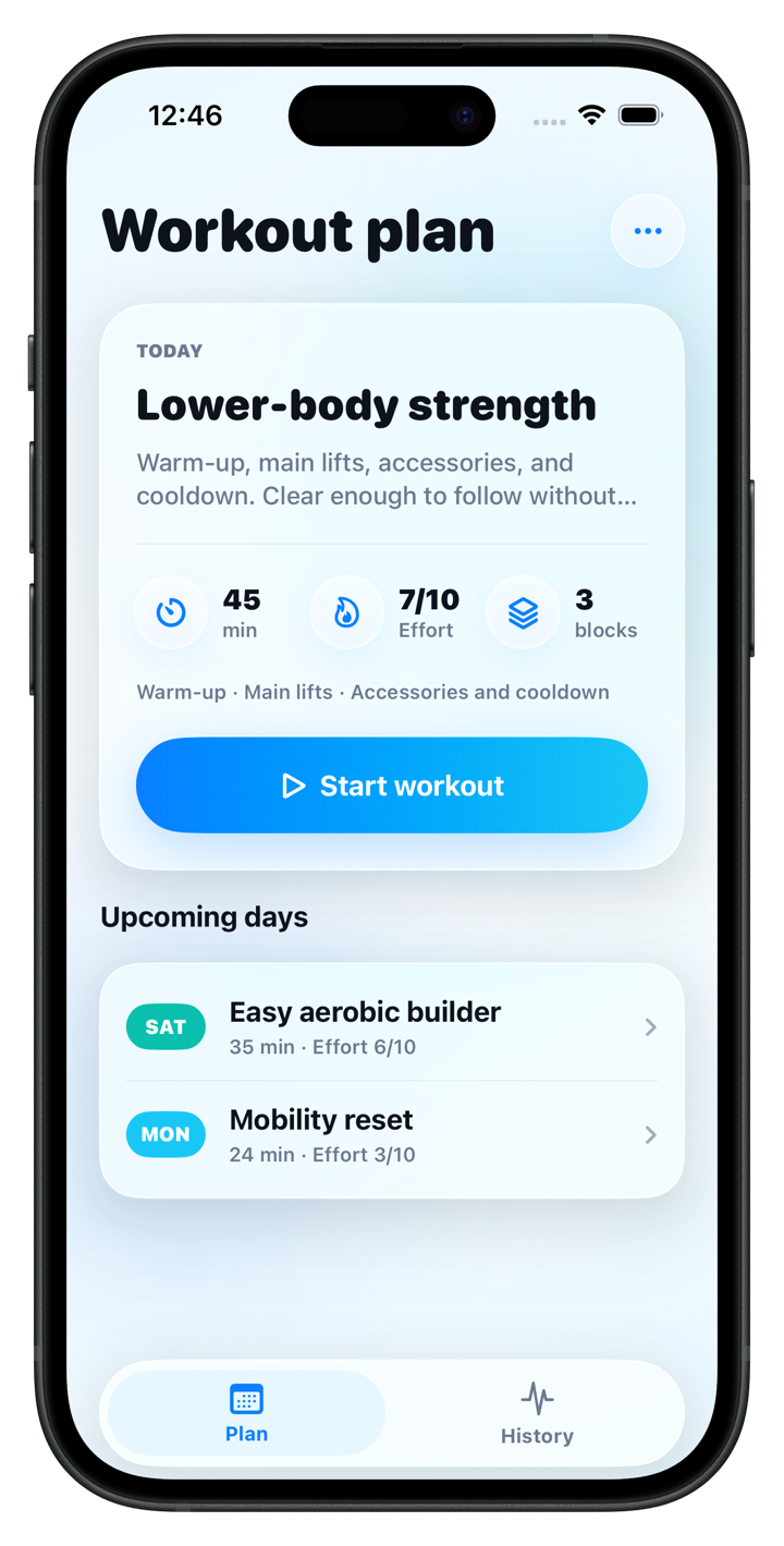 Pantalla de planificación de entrenamiento de Noostaa en iPhone